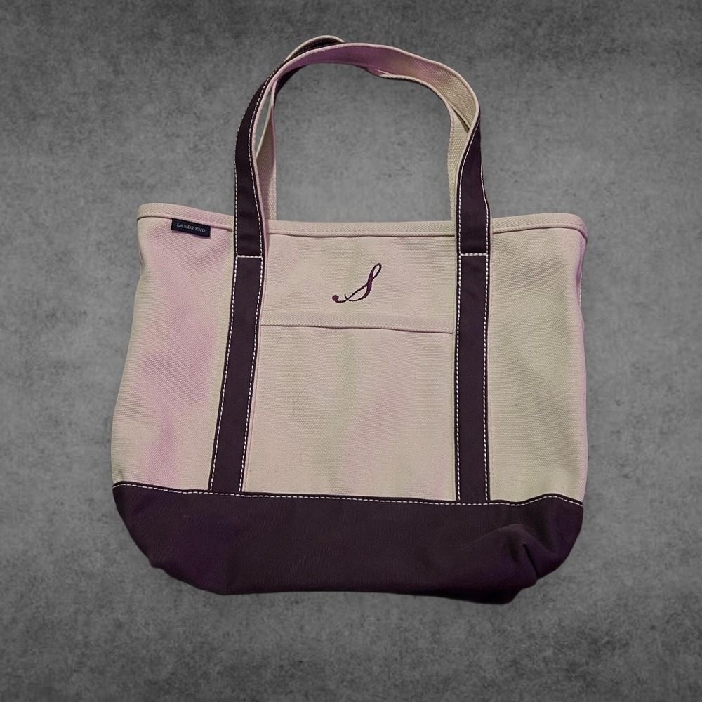 Lands End Medium Canvas Tote Boat Bag Purple Cream Monogram S Vintage Y2K Style
